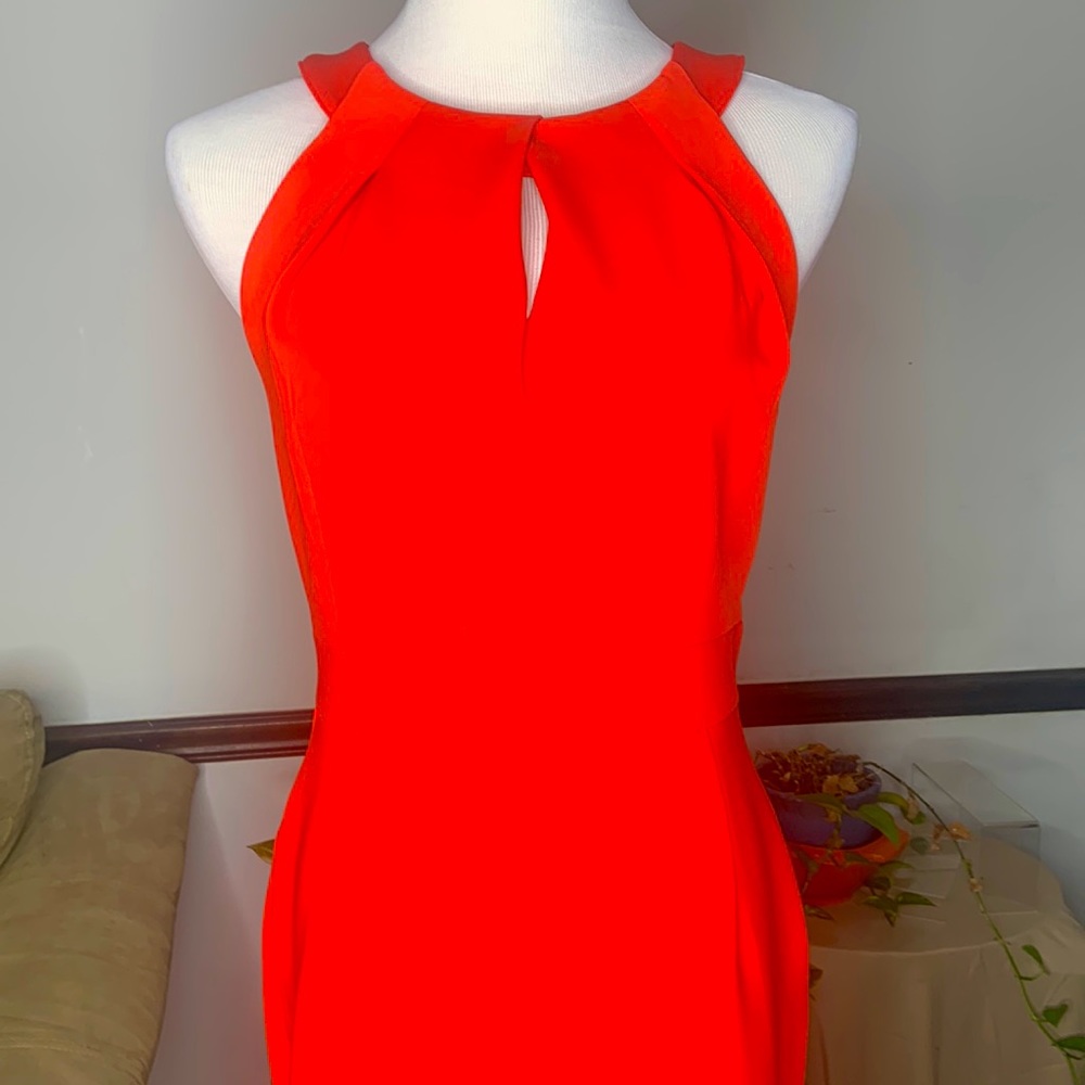 Spense women dress reddish orange beautiful ruched neckline size 8 sleeveless